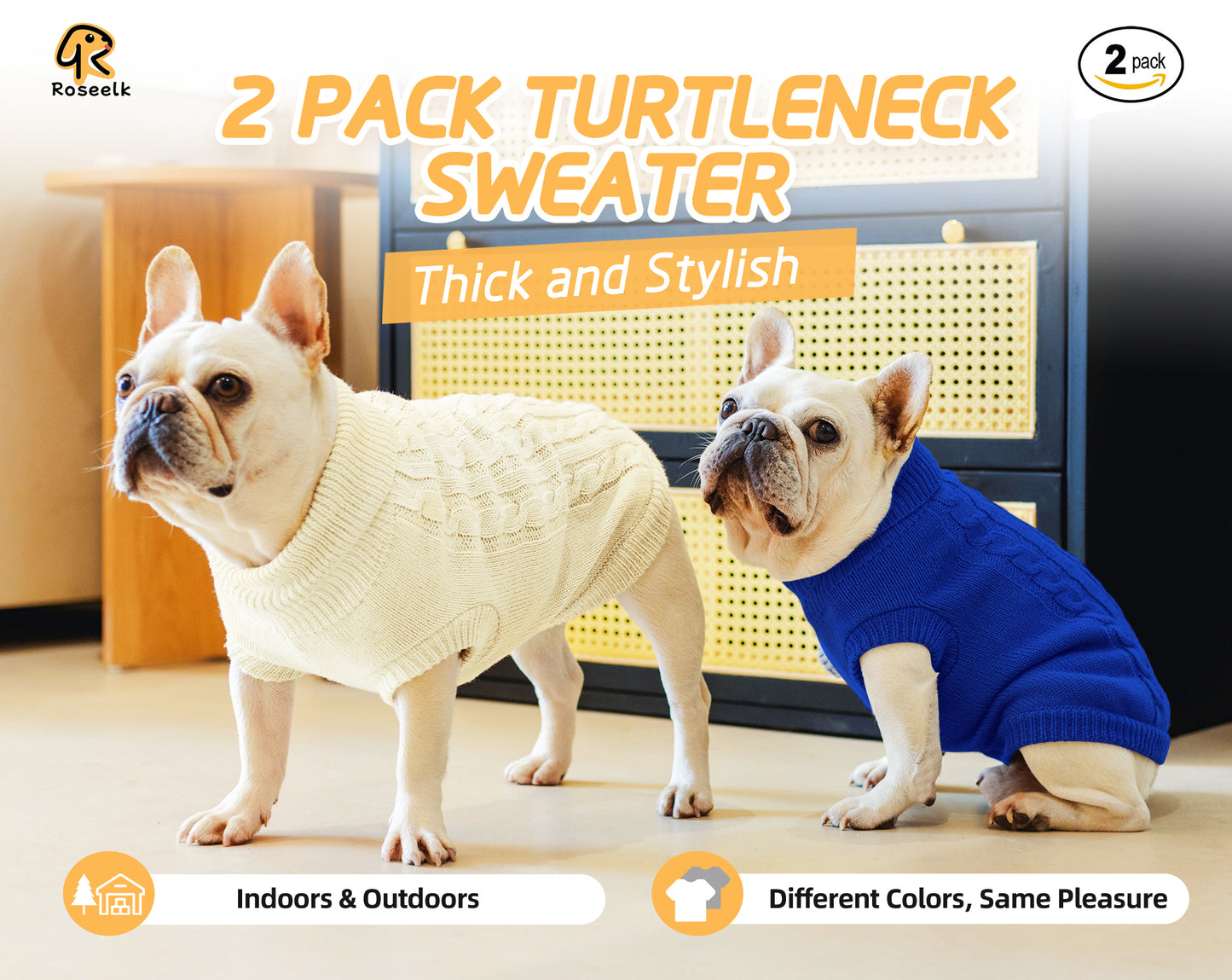 Roseelk 2 Pack Dog Sweaters for Small Dogs - Puppy Medium Warm Clothes in Winter, Turtleneck Pullover Design for Boy Girl Pet, Doggie, Cat, Kitten Chihuahua Bulldog Pug Beagles (XS, Pink, Beige)
