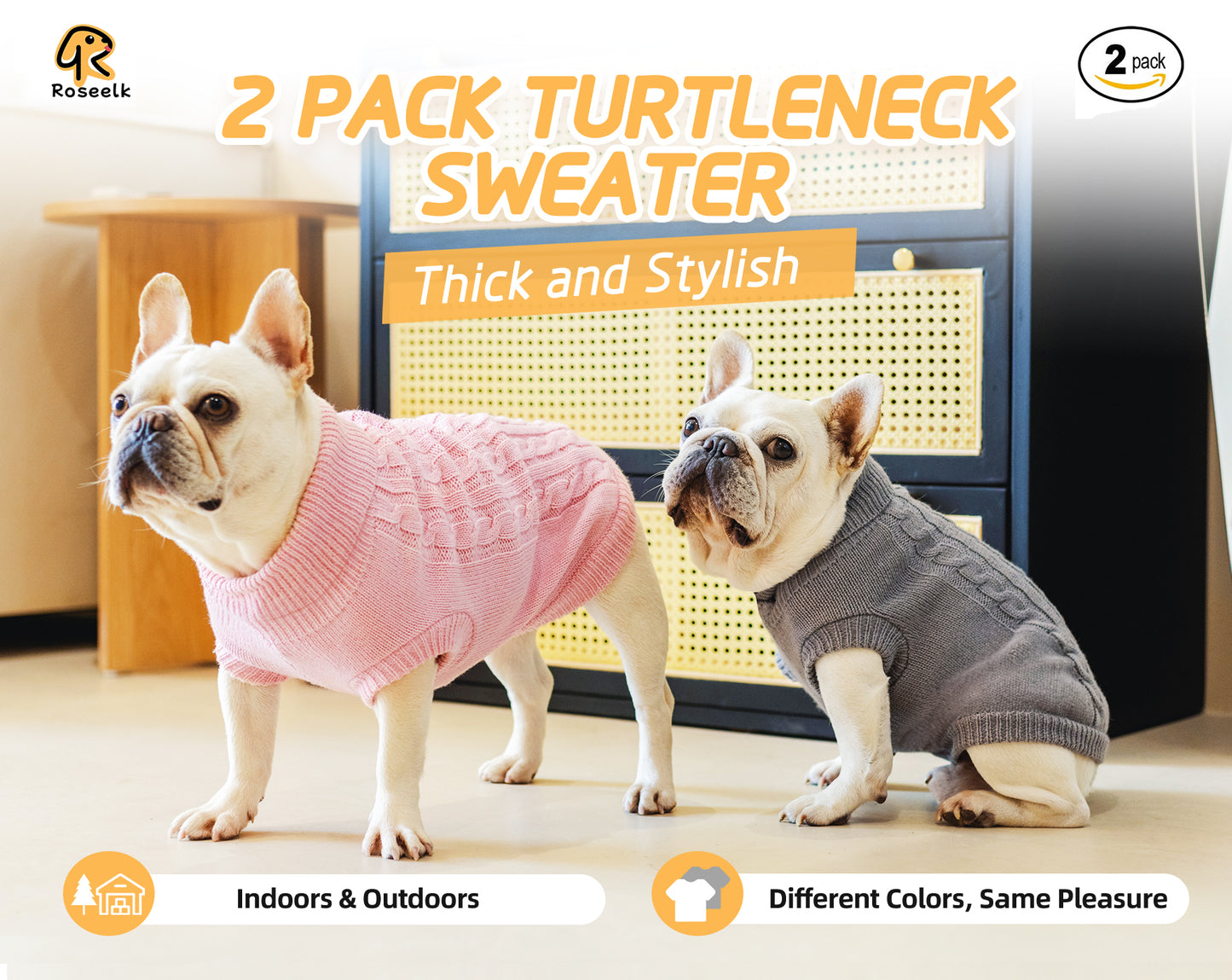 Roseelk 2 Pack Dog Sweaters for Small Dogs - Puppy Medium Warm Clothes in Winter, Turtleneck Pullover Design for Boy Girl Pet, Doggie, Cat, Kitten Chihuahua Bulldog Pug Beagles (XS, Pink, Beige)