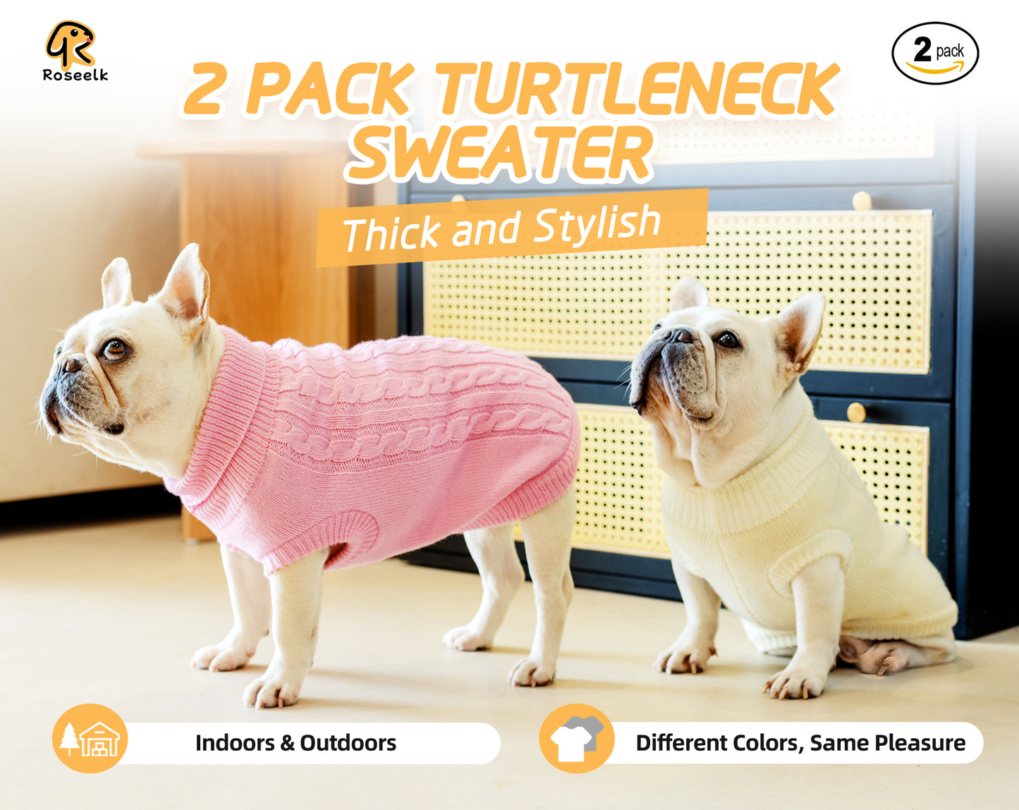 Roseelk 2 Pack Dog Sweaters for Small Dogs - Puppy Medium Warm Clothes in Winter, Turtleneck Pullover Design for Boy Girl Pet, Doggie, Cat, Kitten Chihuahua Bulldog Pug Beagles (XS, Pink, Beige)