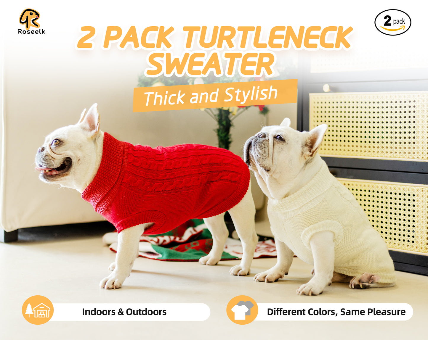 Roseelk 2 Pack Dog Sweaters for Small Dogs - Puppy Medium Warm Clothes in Winter, Turtleneck Pullover Design for Boy Girl Pet, Doggie, Cat, Kitten Chihuahua Bulldog Pug Beagles (XS, Pink, Beige)