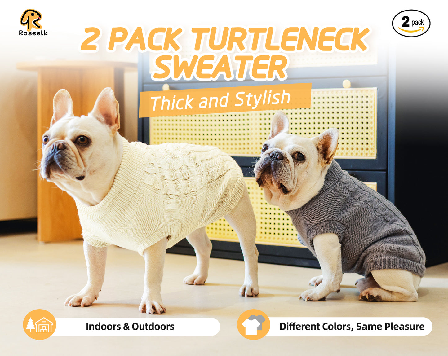 Roseelk 2 Pack Dog Sweaters for Small Dogs - Puppy Medium Warm Clothes in Winter, Turtleneck Pullover Design for Boy Girl Pet, Doggie, Cat, Kitten Chihuahua Bulldog Pug Beagles (XS, Pink, Beige)