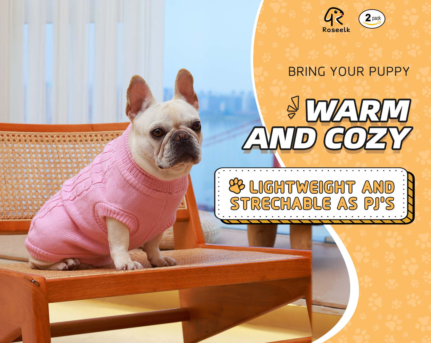 Roseelk 2 Pack Dog Sweaters for Small Dogs - Puppy Medium Warm Clothes in Winter, Turtleneck Pullover Design for Boy Girl Pet, Doggie, Cat, Kitten Chihuahua Bulldog Pug Beagles (XS, Pink, Beige)