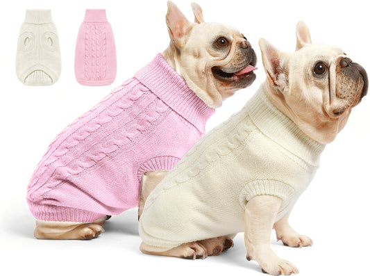 2 Pack Dog Sweaters for Small Dogs - Puppy Medium Warm Clothes in Winter, Turtleneck Pullover Design for Boy Girl Pet, Doggie, Cat, Kitten Chihuahua Bulldog Pug Beagles (XS, Pink, Beige)